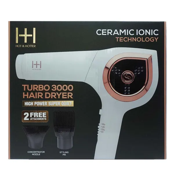 ANNIE Hot & Hotter Ceramic Ionic Turbo 3000 Hair Dryer - White & Rose Gold